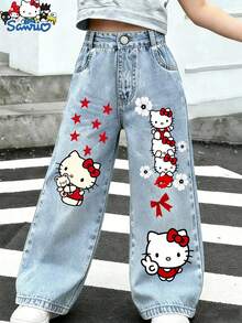 Cute Pattern Series _ Children's Wide Leg Jeans - Y2K Cute Hello Kitty With Flowers And Stars Pattern Street Jeans _ Children's Casual Pants _ - Light Wash - View 1