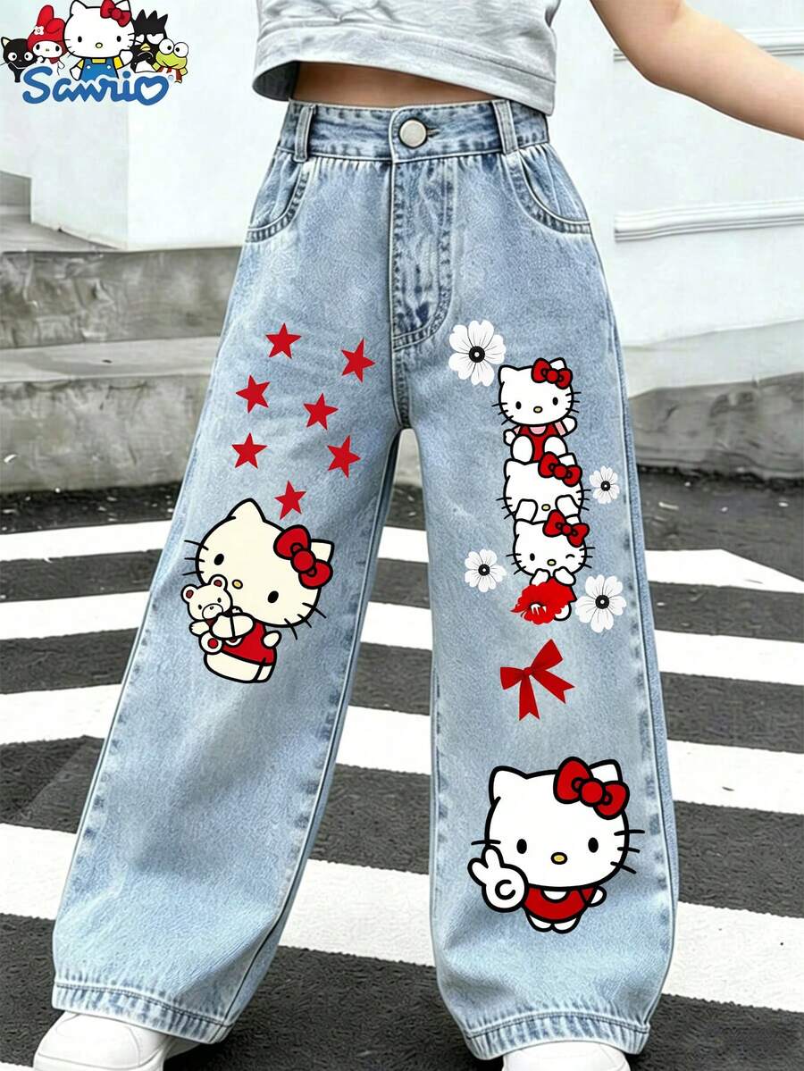 Cute Pattern Series _ Children's Wide Leg Jeans - Y2K Cute Hello Kitty With Flowers And Stars Pattern Street Jeans _ Children's Casual Pants _ - Light Wash - View 1