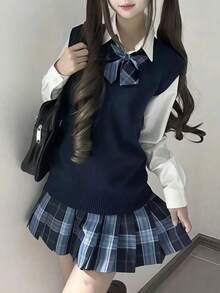1件組 日系甜美JK制服女款 海軍藍背心＋長袖襯衫＋藍色格紋裙套裝，Y2K校園Cosplay風格，秋季 - 彩色 - 查看 1