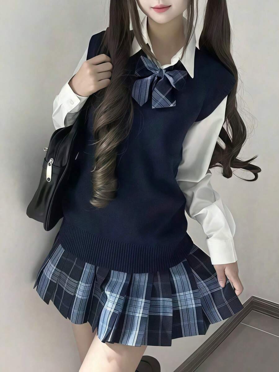 1件組 日系甜美JK制服女款 海軍藍背心+長袖襯衫+藍色格紋裙套裝,Y2K校園Cosplay風格,秋季 - 彩色 - 查看 1