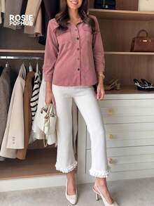ROSIE POPHUB Women Pink Corduroy Lapel Long Sleeve Shirt Button Front Loose Blouse With Pockets Elegant Commute Daily Top For Fall & Winter - Pink - View 5
