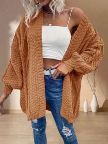 Women's Casual Elegant Cardigan Sweater Short Length Long Sleeve Drop Shoulder Pointelle Woven Fabric Medium Stretch For Fall Winter Everyday Wear - Camel - View 4