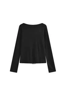 Korean Style Minimalist Tie-Up Tummy-Covering Colorblock Patchwork Ruffle Long Sleeve T-Shirt Top For Women - Black - View 6