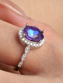 1pc 925 Sterling Silver Purple Cubic Zirconia Women's Ring, Women's Jewelry, Size 6-10, Fashionable & Simple For Daily Wear, Gift With Gift Box - Silver - View 7