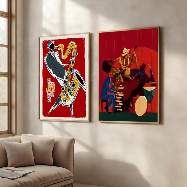 1/2 bức tranh treo tường nghệ thuật trang trí phong cách Vintage Jazz Festival, poster âm nhạc retro in trên canvas, tranh vẽ nhạc sĩ trừu tượng hiện đại giữa thế kỷ, tranh treo không khung cho phòng nhạc, câu lạc bộ, quán bar, phòng khách, trang trí phòng thẩm mỹ