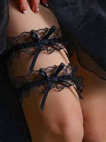 2pcs Black Sexy Bow Lace Leg Garter Set - Multicolor - View 1