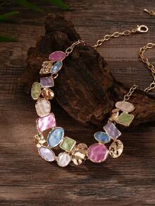 Cring Coco 3Pcs Women Multicolor Pastel Enamel Jewelry Set Golden Tone Chunky Statement Necklace Drop Earrings Open Cuff Bracelet Color Block Matching Jewellery - Geometry 1 - View 9