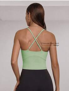 Sodalemon Women's Adjustable Spaghetti Strap Sports Tank Top, Elastic Detachable Lining, Solid Color Yoga Training Fitness Activity Casual Gym Top - Mint Green - View 1
