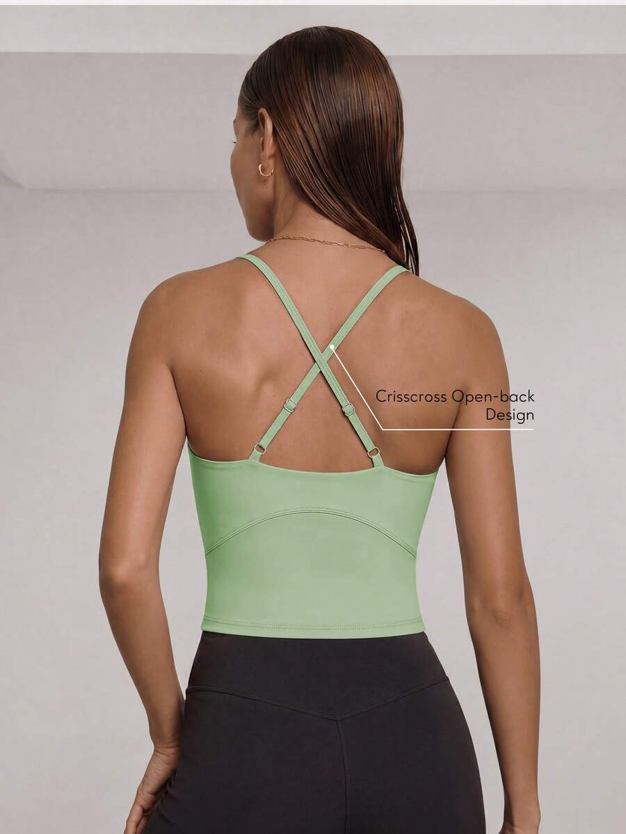 Sodalemon Women's Adjustable Spaghetti Strap Sports Tank Top, Elastic Detachable Lining, Solid Color Yoga Training Fitness Activity Casual Gym Top - Mint Green - View 1
