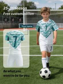 25-26 2pcs/Set White All-Over Print Burnout Boys Soccer Outfit, Personalized Name & Number Customization/Club Hot-Selling Jersey, No.7 Print Sports Player Style, Short Sleeve & Shorts Set, Suitable For Boys & Girls, Sports, Cycling, Outdoor Running, Football, Celebrity Style - White - View 4