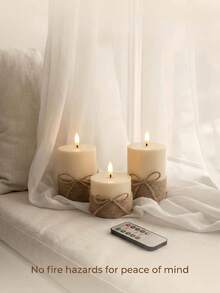 3pcs/Set Flameless LED Candles With Hemp Rope, Ivory Vintage Linen Tie Design, Realistic Flickering Flame, Remote Control And Timer Function, Battery Operated, Suitable For Bedroom, Wedding, Proposal, Christmas, Halloween And Company Party, Holiday Party - White - View 1
