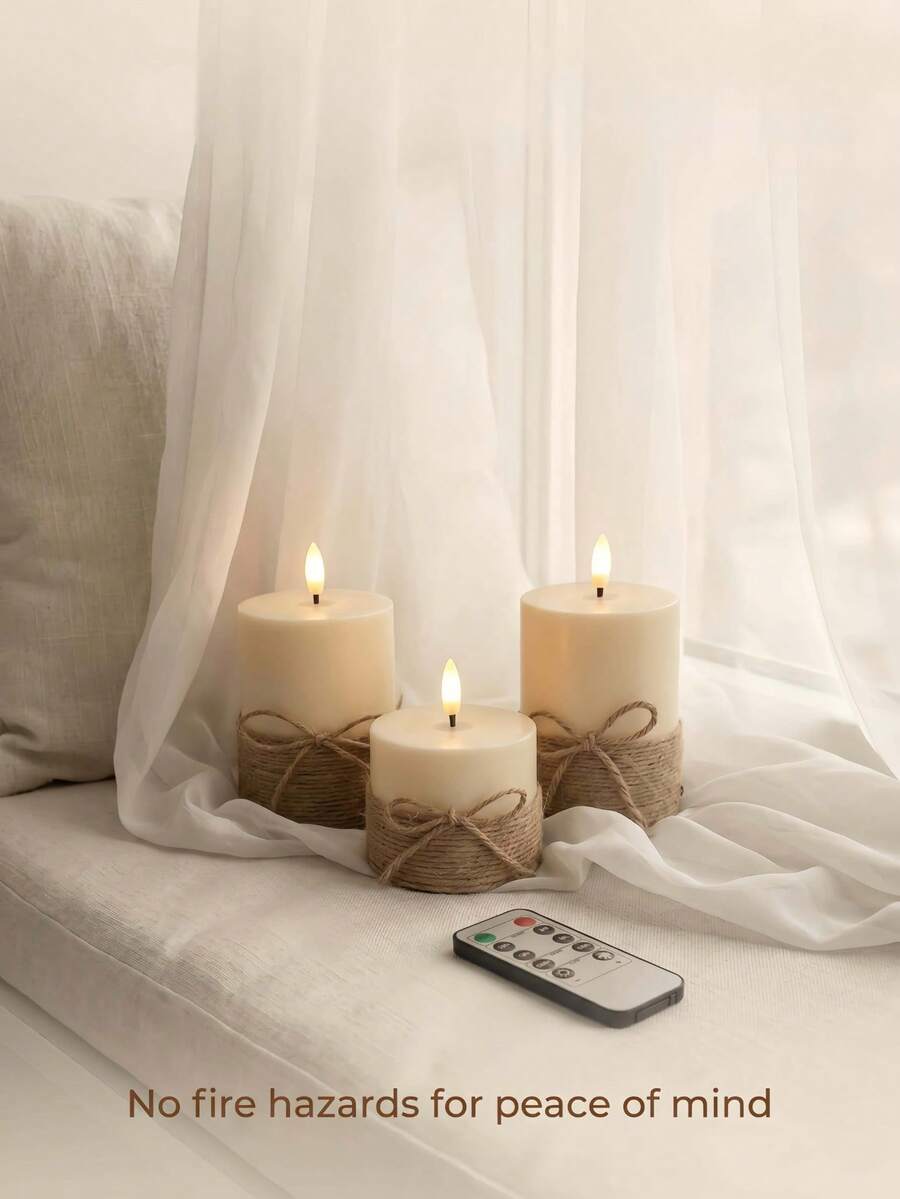 3pcs/Set Flameless LED Candles With Hemp Rope, Ivory Vintage Linen Tie Design, Realistic Flickering Flame, Remote Control And Timer Function, Battery Operated, Suitable For Bedroom, Wedding, Proposal, Christmas, Halloween And Company Party, Holiday Party - White - View 1