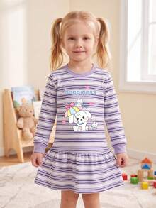 Gaun Lengan Panjang Motif Garis-Garis Kartun Terbaru Musim Semi/Gugur, Gaun Sweatshirt Longgar Leher Bulat, Cocok Untuk Anak Perempuan Usia 3 Tahun Ke Atas - Mauve Purple - View 3