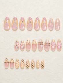 Show Your Beauty 24pcs Almond Shaped Elegant Cool Polka Dot Shiny Rhinestone Chain Lace Mesh Gold Stripe Flower French Glossy Bright White Fake Nails Fashion Versatile Wearable Nails Suitable For Dates Parties Spring Summer Women And Girls Autumn Winter Daily Wear Removable Press-On Nail Set With Jelly Glue And Nail File Easy To Wear And Durable Jelly Glue Randomly Sent - Multicolor - View 2
