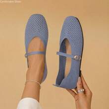 Women's Breathable Knit Casual Soft Sole Ballet Flats, Daily Mary Jane Flat Shoes With Round Toe, Comfortable Walking Shoes For School And Commuting - Blue - View 15