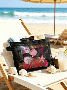 這款海灘網格包印有「Beach_please」文字與貝殼圖案，可收納口紅與氣墊粉撲的便攜化妝包，充滿海岸風情。透明大容量旅行化妝收納包，夏威夷風網格化妝包，適合海灘度假、購物、休閒旅行、健身，適合作為母親節、情人節、教師節禮物，適合女性旅行、短途旅行與日常通勤使用 - 彩色 - 查看 1