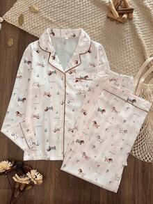 Women's Cartoon Dachshund Print Pajama Set - Long Sleeve Button-Up Top With Pants, Soft And Breathable, Cute Loungewear - White - View 3