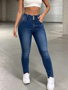 Celana Jeans Denim Wanita Model Rusak, Model Baru Warna Polos, Bahan Elastis Tinggi, Jeans Elegan - Dark Wash - View 5