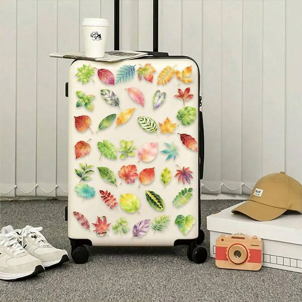 50Pcs Aesthetic Gold Stamping Artistic Leaves Stickers, Waterproof PET Cute Cartoon Art Stickers, Decorative Stickers For Planner Notebook Phone Case Skateboard Guitar Luggage Coffee Machine Gift Box Home Shelf Decor