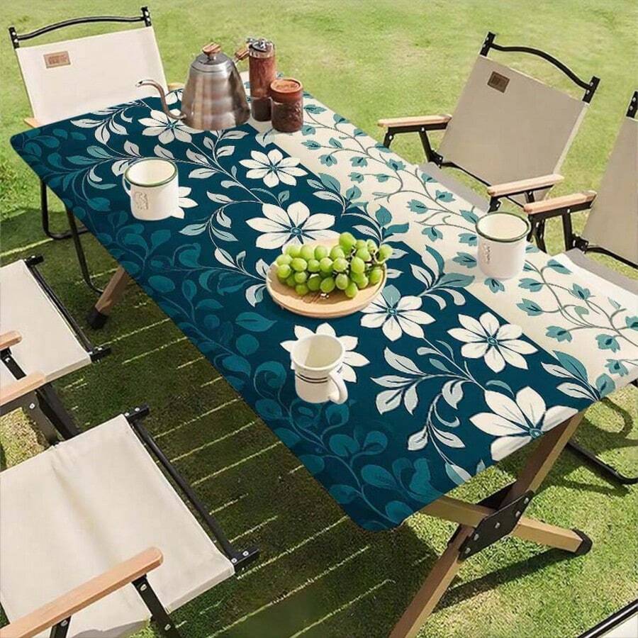 1pc-Summer Outdoor Tablecloth-Elastic Band Edge-Blue And White Floral Leaf Pattern Print-Elastic Washable Tablecloth-Durable Polyester Rectangular Tablecloth-Suitable For Camping-Picnic-Garden Party - A - View 1