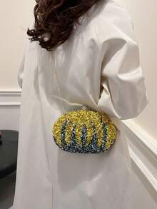 女款晚宴手拿包，橢圓框手提包，水鑽球形接吻鎖，可拆卸斜跨鍊條，適合婚禮、舞會、雞尾酒會，四季皆宜 - 黃色 - 查看 3