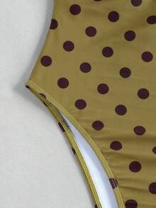 Fashionable Women's Coffee Color Polka Dot Strapless Deep V Hollow Out Bikini Fresh Sexy Beach Vacation One-Piece Swimsuit Set - Multicolor - View 7