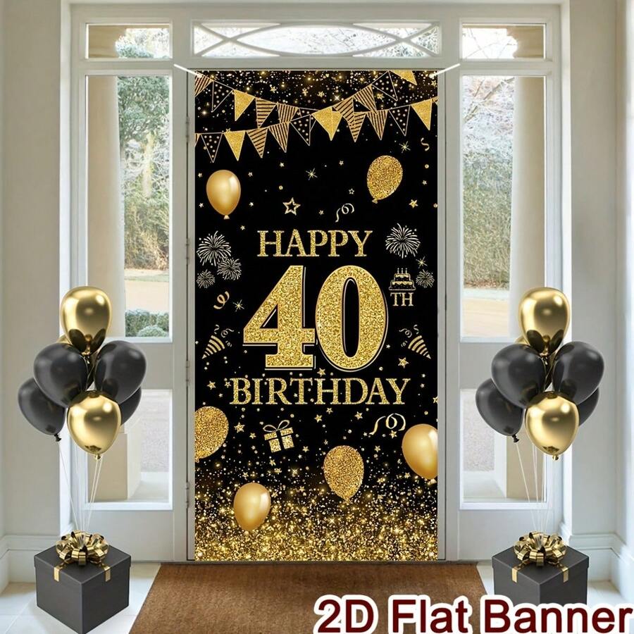 2D Flat 2D Door Canvas Banner 2D Flat 2D Door Canvas Banner Black And Gold 2D Flat Door Cover With "Happy 40th Birthday" Design, Polyester Material - Multicolor - View 1