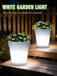 1/2 Pcs LED Solar Plant Pot Lights, IP44 Waterproof White Plastic Illuminated Planters, Dusk To Dawn Auto On/Off Decorative Flower Pot Lamps, Indoor Outdoor Landscape Lighting For Garden, Patio, Courtyard, Balcony, Pathway And Home Desktop Decor - Flower Pot Lamp - View 1