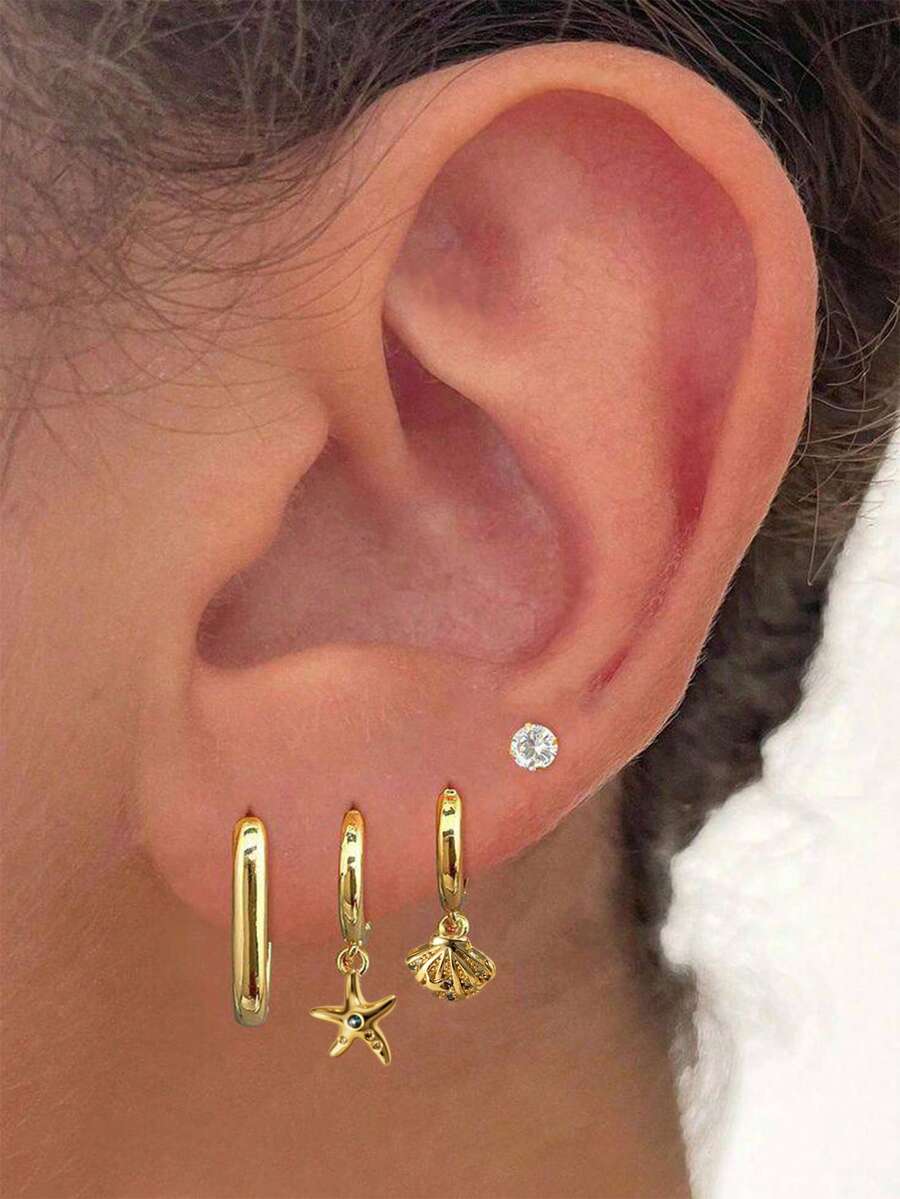 Niche Vacation Style Multi-Layer Stackable Earring Set, Starfish & Shell Pendant Hoop Earrings, Simple Girly Accessories - Yellow Gold - View 1