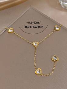 1Pc Elegant Luxury Golden Stainless Steel Y-Shaped Chain Heart Zirconia Necklace For Women, Daily/Summer Boho/Party/Wedding,Mom Gift,Valentine Birthday - Multicolor - View 7