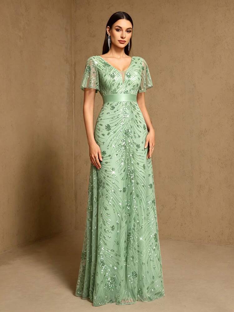 XUCTHHC High-Quality Sequin Elegant V-Neck Butterfly Sleeve A-Line Evening Gown, Formal Ball Dress, Wedding Guest, Holiday, Autumn/Winter - Mint Green - View 1
