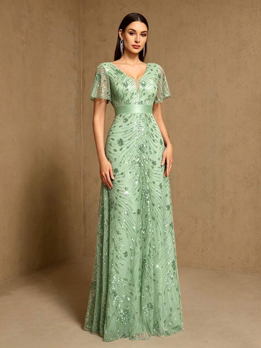 XUCTHHC 高品質亮片優雅V領蝴蝶袖A字晚禮服,正式舞會禮服,婚禮賓客、節日、秋冬款 - 薄荷綠 - 查看 1