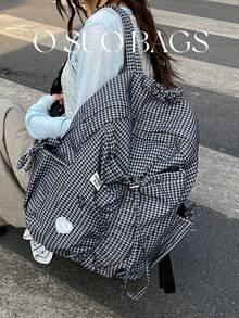 休閒格紋女款後背包，柔軟尼龍布料，雲朵褶皺抽繩設計，時尚拉鍊多口袋，可調節肩帶，大容量輕量，日系大學風旅行通勤逛街戶外包 - 深灰色 - 查看 2
