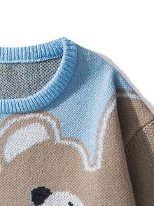 Two-Tone Cute Bear Pattern Intarsia Knit Sweater, Men's Crew Neck Loose Casual Pullover - Blue - View 6