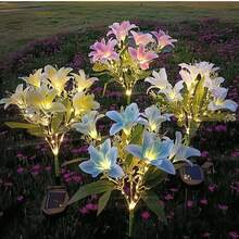 防水太陽能蓮花插地燈,7頭LED花燈,黃色與粉色2色,適合花園、露台、居家園藝、節日裝飾的戶外裝飾燈 - 百合花 - 查看 2