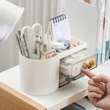 1pc Drawer Stationery & Sundries Storage Box, Student Dorm Desk Ins Style Pen Holder, Tape Organizer, Cosmetic Storage Box, Office Supplies Storage Box, Suitable For Back To School Gift, Random Color - White - View 9