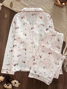 Women's Cartoon Dachshund Print Pajama Set - Long Sleeve Button-Up Top With Pants, Soft And Breathable, Cute Loungewear - White - View 2