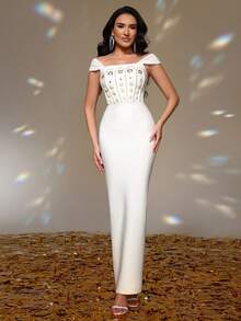 Love Aing Gaun Pesta Wanita Musim Panas Model Bodycon Berbahan Jala dengan Tali Bahu, Mutiara, dan Rhinestone, Seksi, Cocok untuk Pesta Koktail, Malam Hari, dan Acara Semi-Formal untuk Tamu Pernikahan. - Putih - View 5