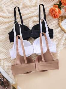 3 piezas Sujetadores con aros y cobertura total sin costuras, negro sólido/blanco,Sostenes de lencería sexy con aros de sujeción, de cobertura total sin costuras, transpirables y lisos - Negro+blanco+caqui - Ver 2
