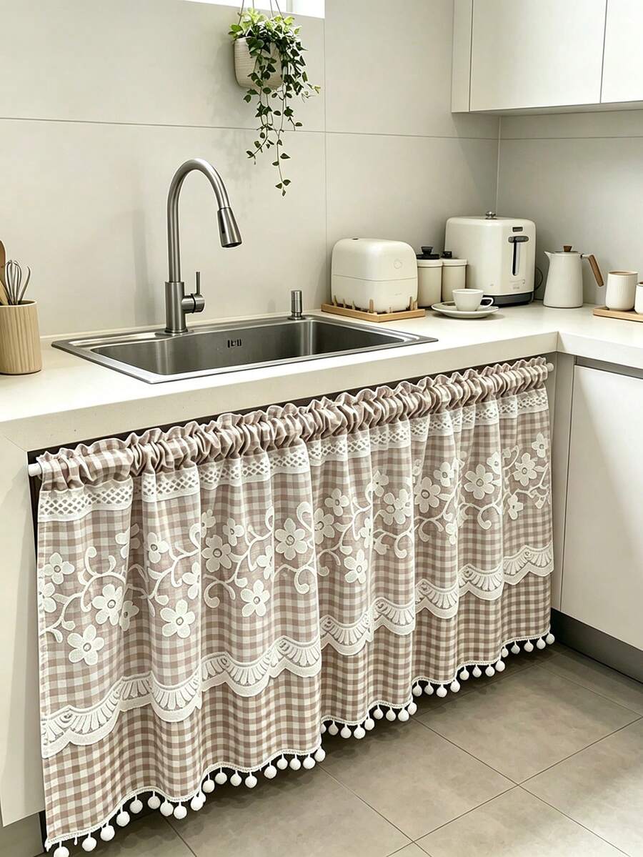 1pc Plaid Pattern Kitchen Short Curtain, With Lace Trim And Pom Pom Decoration, Rod Pocket Top Cabinet Curtain, American Country Pastoral Style Half Curtain, Suitable For Kitchen, Cafe, Bedroom And Other Decorative Curtains - Brown - View 1