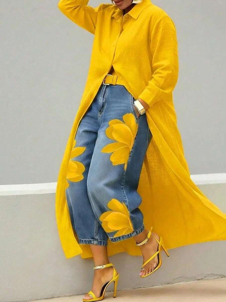 Bright Yellow Loose Long Button-Up Shirt, Summer Beach Casual Cover-Up Top Elegant - Yellow - View 1