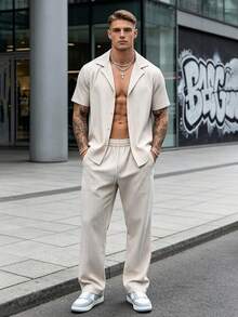Men's Summer Solid Color Short Sleeve Shirt And Long Pants Casual 2-Piece Set, Turn Collar Button-Up Streetwear Style - Khaki - View 2