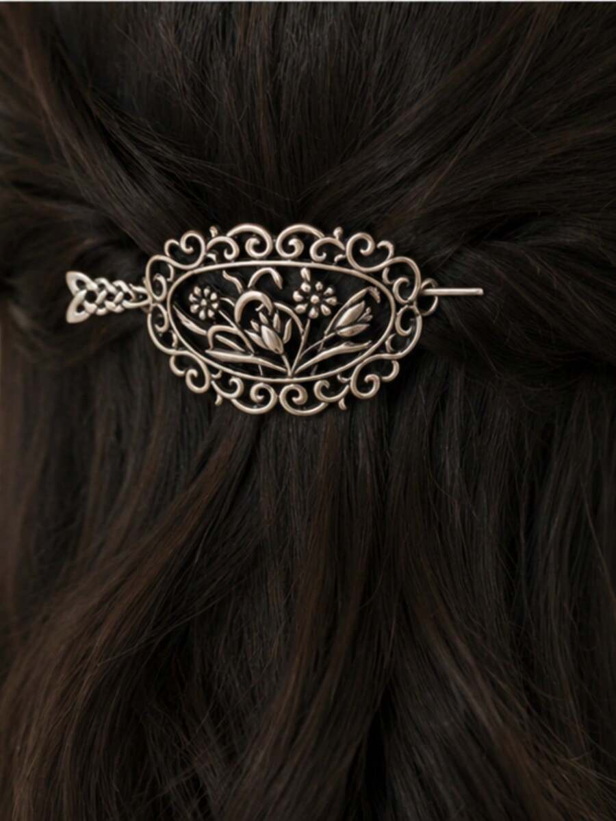 1pc French Vintage Minimalist Hollow Floral Hair Stick Hair Accessory For Women - Multicolor - View 1