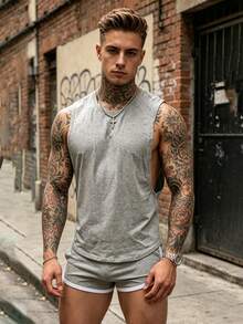 1 Set Men's Sports Casual Tank Top Outfit, Solid Color Summer Sleeveless Tank Top And Super Short Hot Pants, Suitable For Street Fashion - Grey - View 4