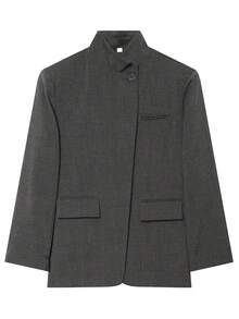 Women's French Vintage Grey Plaid Stand Collar Blazer, Loose Fit Asymmetric Commuter Jacket, Suitable For Spring And Autumn - Colored Gray Fabric - View 5