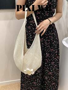 米色鉤編網格單肩包，飾有花朵吊飾，適合女性夏季海灘度假 - 白色 - 查看 5