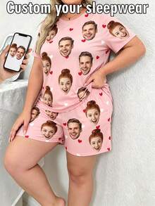 2pcs Set Piyama Ukuran Plus dengan Foto Wajah dan Hati Merah yang Dapat Disesuaikan, Set Pakaian Santai dan Celana Pendek untuk Wanita, Hadiah Personalisasi untuk Istri - MultiWarna - View 1