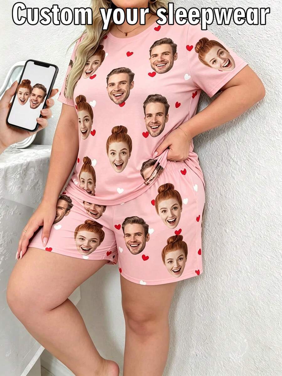 2pcs Set Piyama Ukuran Plus dengan Foto Wajah dan Hati Merah yang Dapat Disesuaikan, Set Pakaian Santai dan Celana Pendek untuk Wanita, Hadiah Personalisasi untuk Istri - MultiWarna - View 1