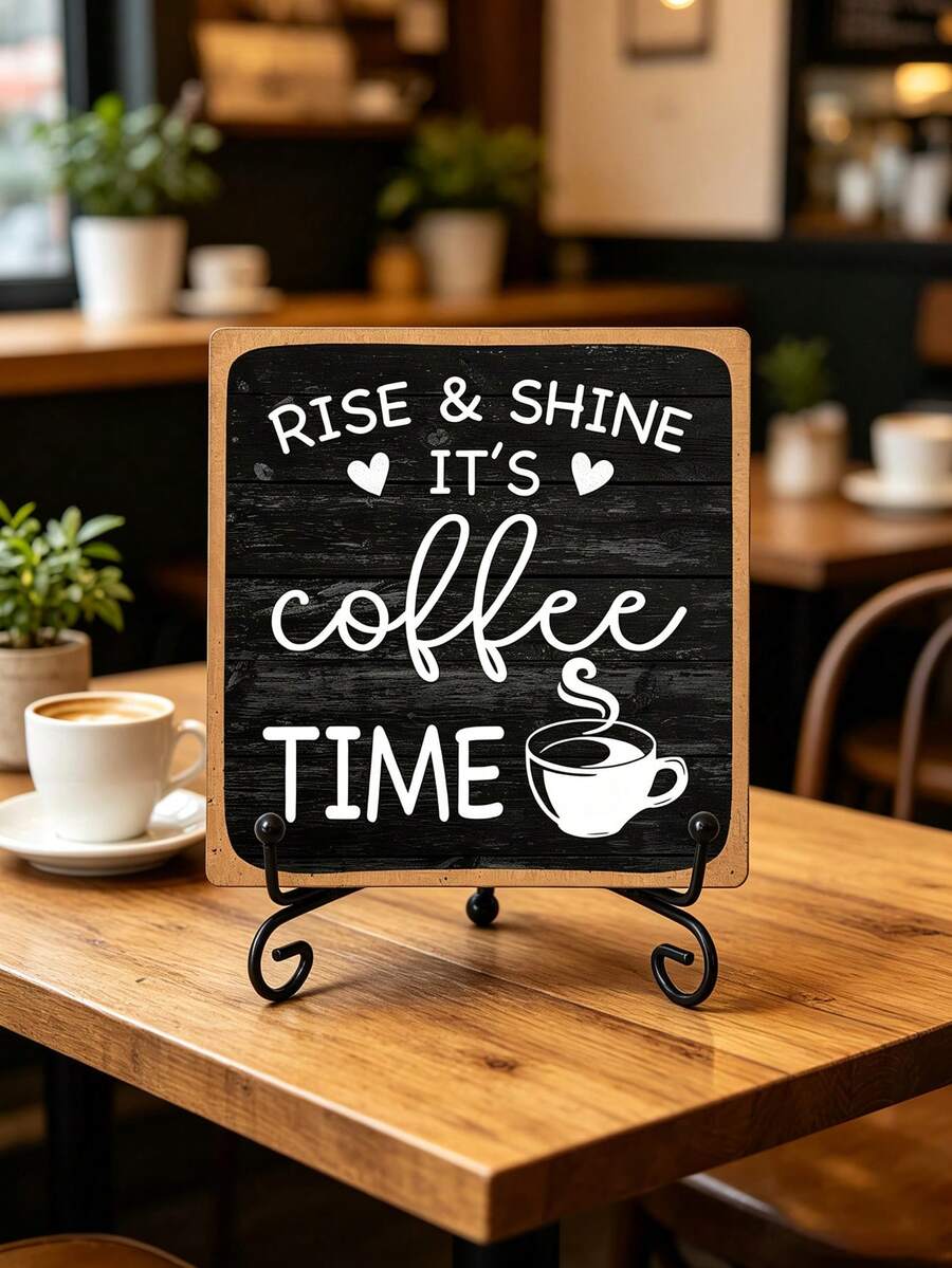 1pc Farmhouse Style Coffee Bar Decor Sign, Rise & Shine It's Coffee Time, 4"X4" Wooden Plaque With Stand, Home Kitchen Desktop Decoration Gift