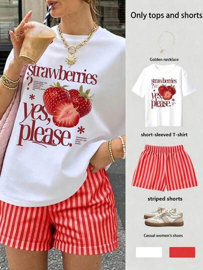 2pcs Plus Size Women's Casual Strawberry Slogan Print Short Sleeve Top And Shorts Set, Plus Size Women's Print Crew Neck T-Shirt Casual Summer Top. Perfect For Beach, Vacation, Daily Wear, Party, School Activities And Music Festival Occasions.